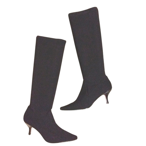 Donald J. Pliner Black Knee High Black Heeled Boots Black Nylon Sock Boots 6.5 - Picture 1 of 11